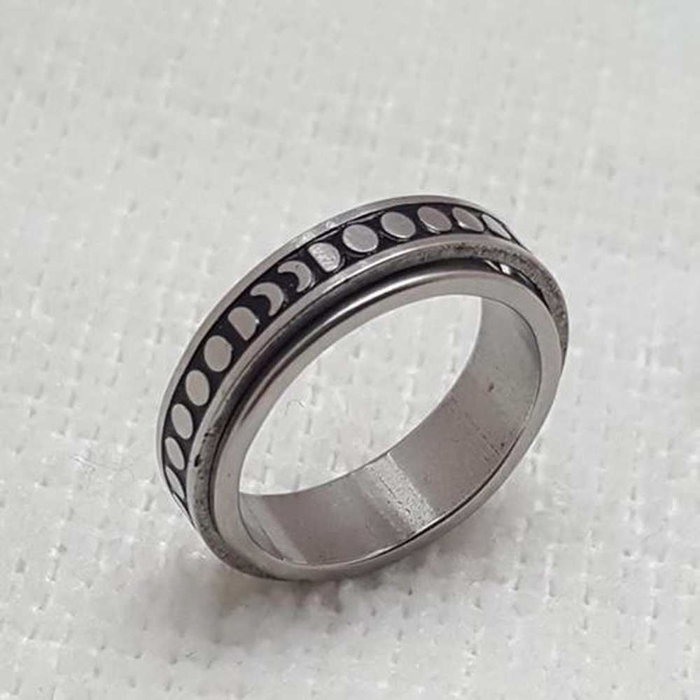 Silver and Black Stainless steel Spinner Moon Phase Ring Size - 9